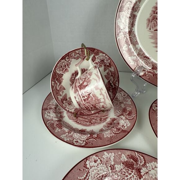 Wood & Sons English Scenery Pink Platter Sugar Bowl Tea Cups Lot Of 13 - Picture 7 of 12
